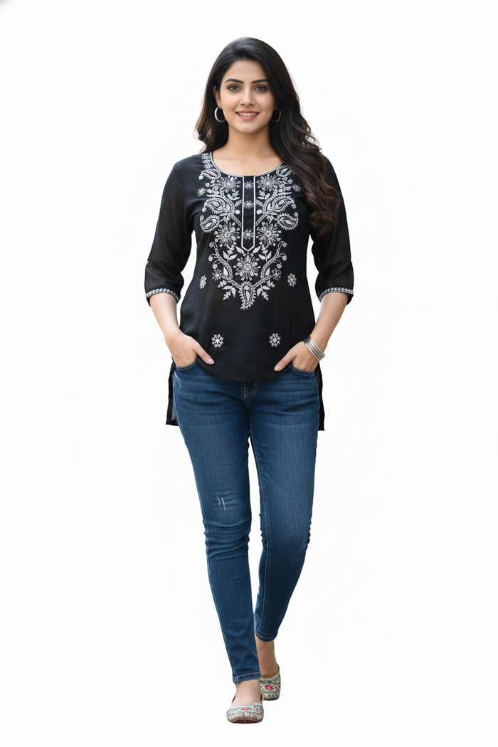 AJVIE Short Chickankari Embroidered Kurti – Elegant Designer Rayon-Style Kurti for Women