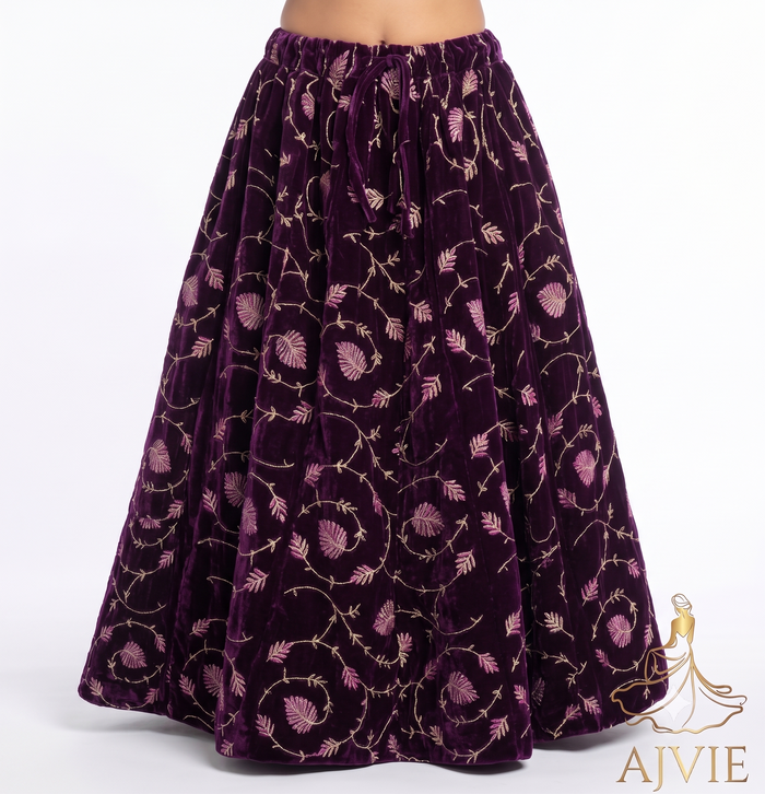 AJVIE Women's Embroidered Velvet Maxi Skirt - Floral A-Line Lehenga Skirt