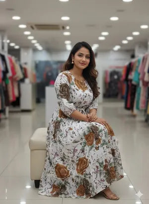 White Botanical Print Maxi Dress with 3/4 Sleeves by AJVIE