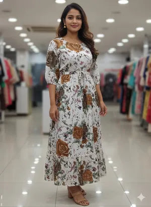 White Botanical Print Maxi Dress with 3/4 Sleeves by AJVIE