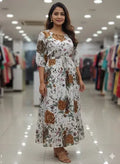 White Botanical Print Maxi Dress with 3/4 Sleeves by AJVIE