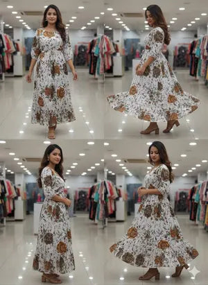 White Botanical Print Maxi Dress with 3/4 Sleeves by AJVIE