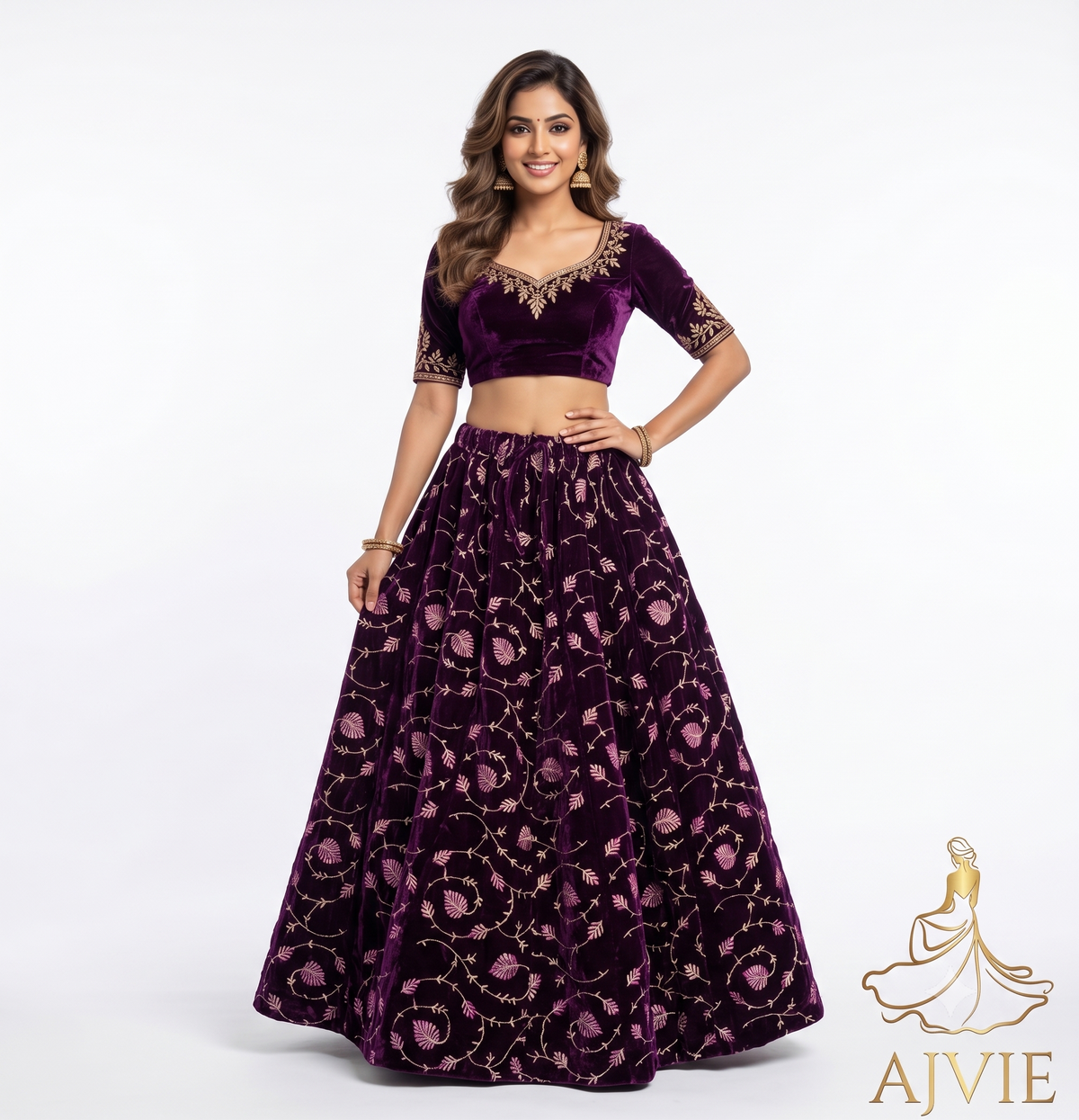 AJVIE Women's Embroidered Velvet Maxi Skirt - Floral A-Line Lehenga Skirt