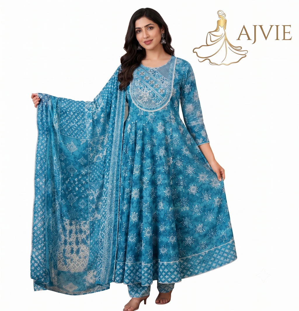 AJVIE Women's Teal Blue Printed Flared Anarkali Kurta Set with Matching Pants and Dupatta