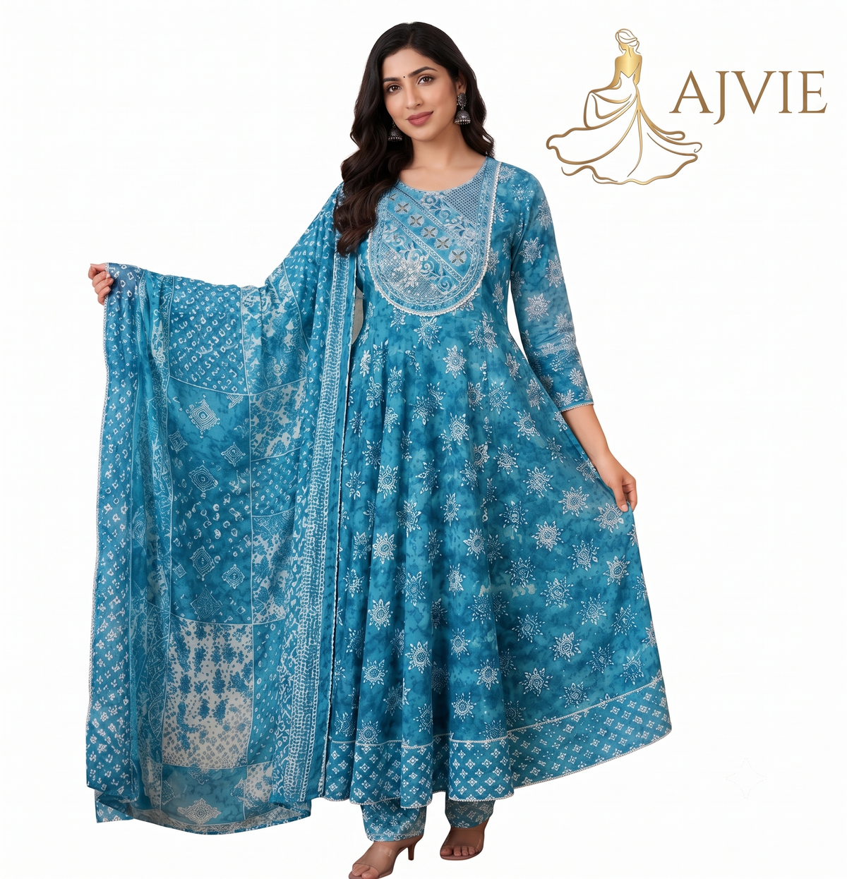 AJVIE Women's Teal Blue Printed Flared Anarkali Kurta Set with Matching Pants and Dupatta