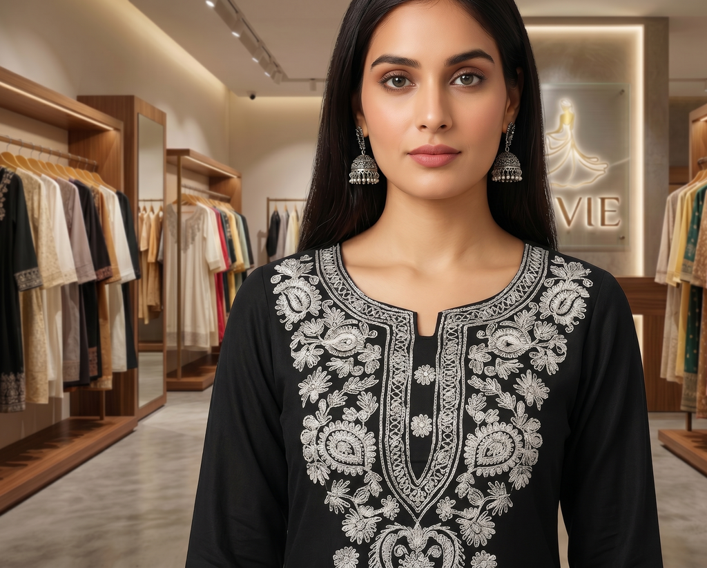 AJVIE Women's Black & Silver Lakhnavi Embroidered Straight Kurti - Georgette, 3/4 Sleeves