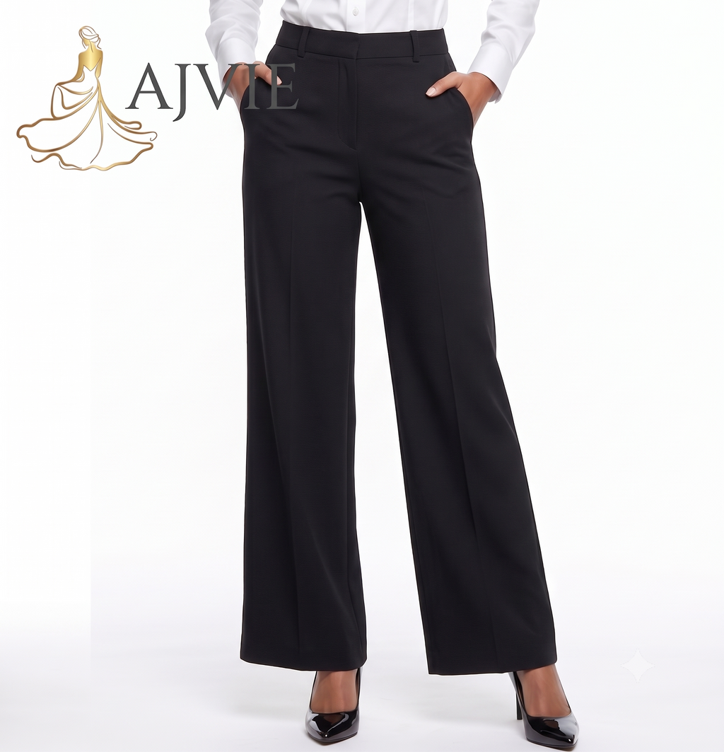 Elegant Black Wide-Leg Crepe Pants by AJVIE