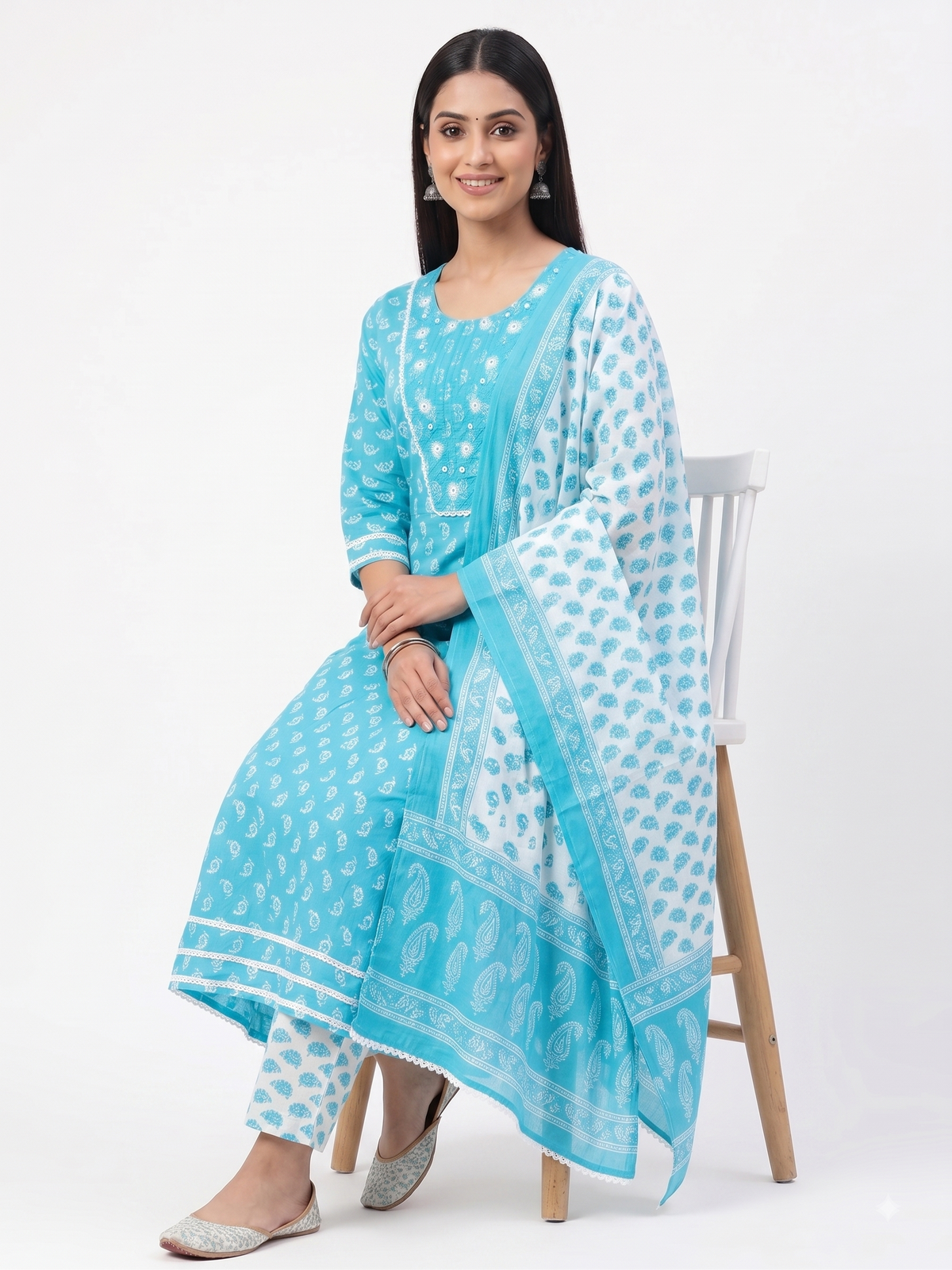 AJVIE Women’s Sky Blue Printed 3-Piece Kurta Set with Pant & Dupatta | Ethnic Cotton-Style Suit Set for Women