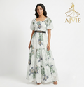 AJVIE Women's Green Maxi Dress | Smocked Square Neck Puff Sleeve Tiered Gown with Belt