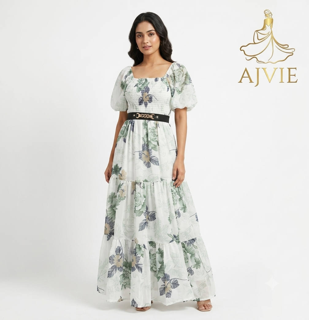 AJVIE Women's Green Maxi Dress | Smocked Square Neck Puff Sleeve Tiered Gown with Belt