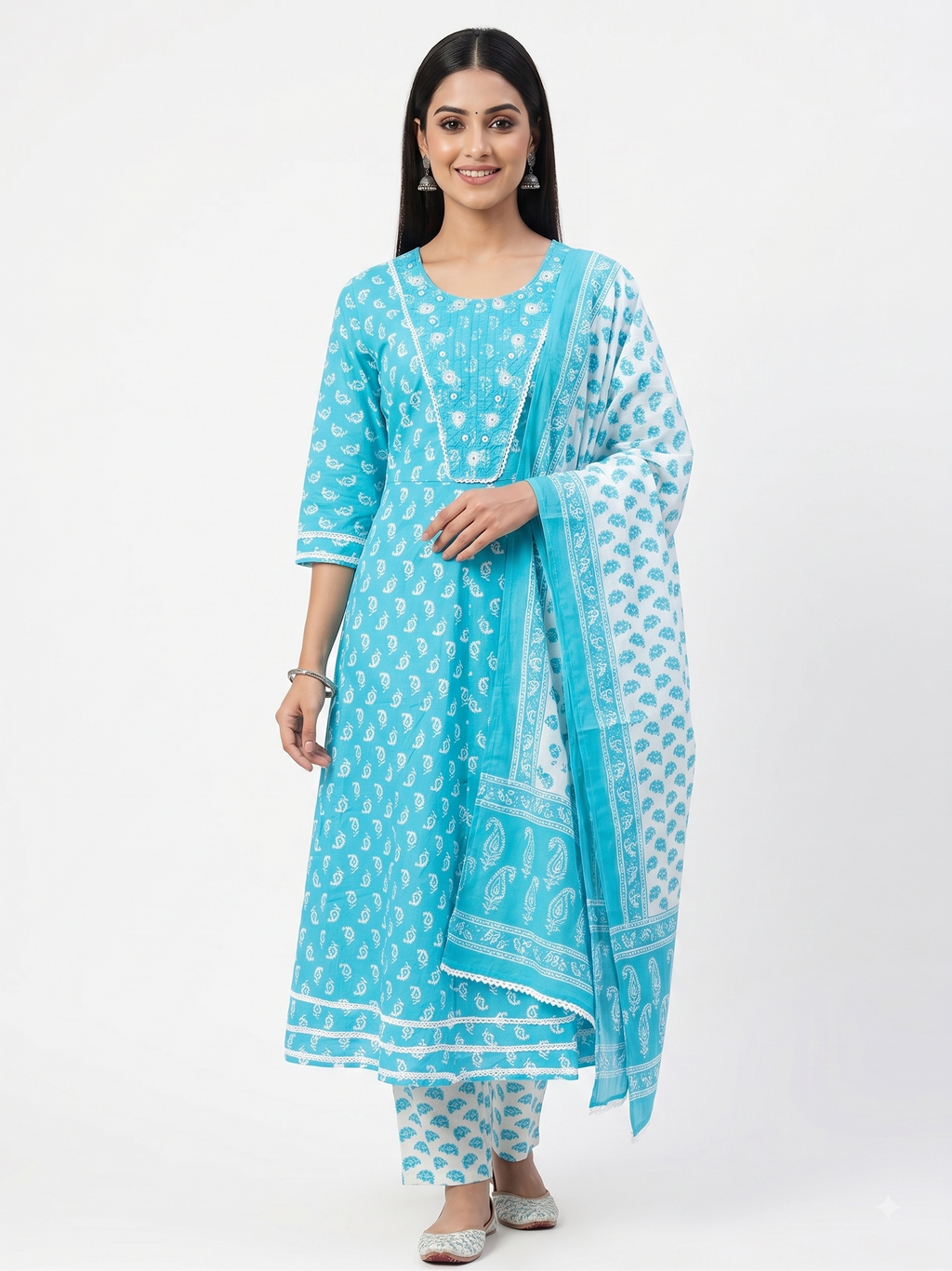AJVIE Women’s Sky Blue Printed 3-Piece Kurta Set with Pant & Dupatta | Ethnic Cotton-Style Suit Set for Women