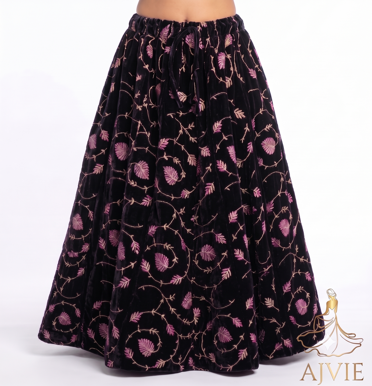 AJVIE Women's Embroidered Velvet Maxi Skirt - Floral A-Line Lehenga Skirt