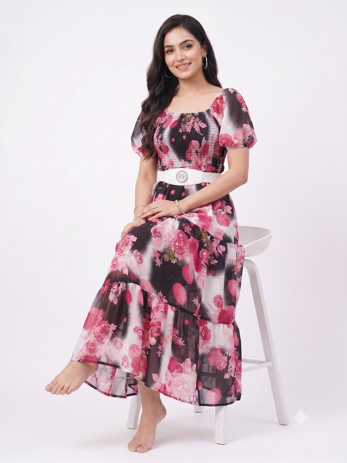 AJVIE Women Floral Print Georgette Tiered Maxi Dress with Belt & Smocked Bodice