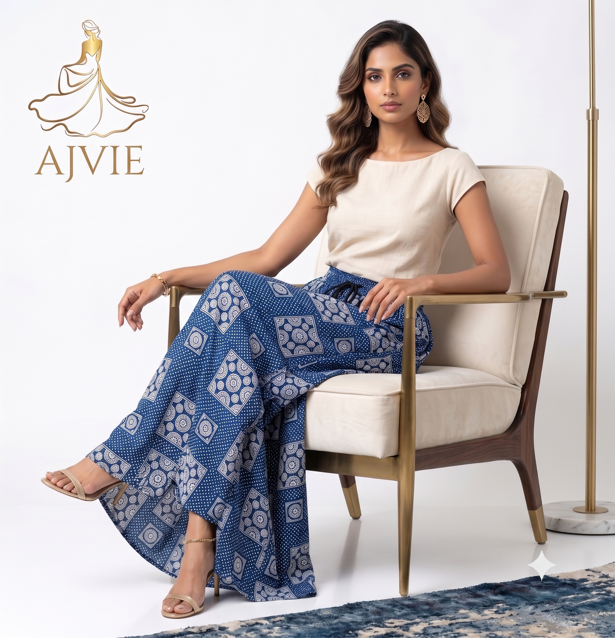 AJVIE Women's Ethnic Print Wide Leg Palazzo Pants - High Waisted & Drawstring