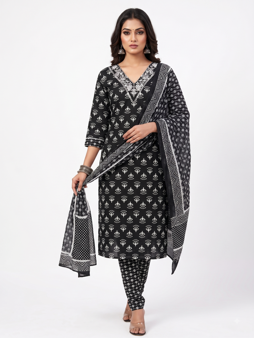 AJVIE Women Black & White Printed Cotton Straight Kurta with Churidar & Matching Dupatta Set