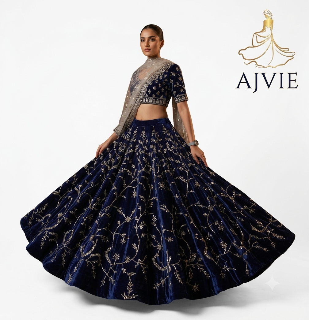 AJVIE Women's Embroidered Velvet Maxi Skirt - Floral A-Line Lehenga Skirt