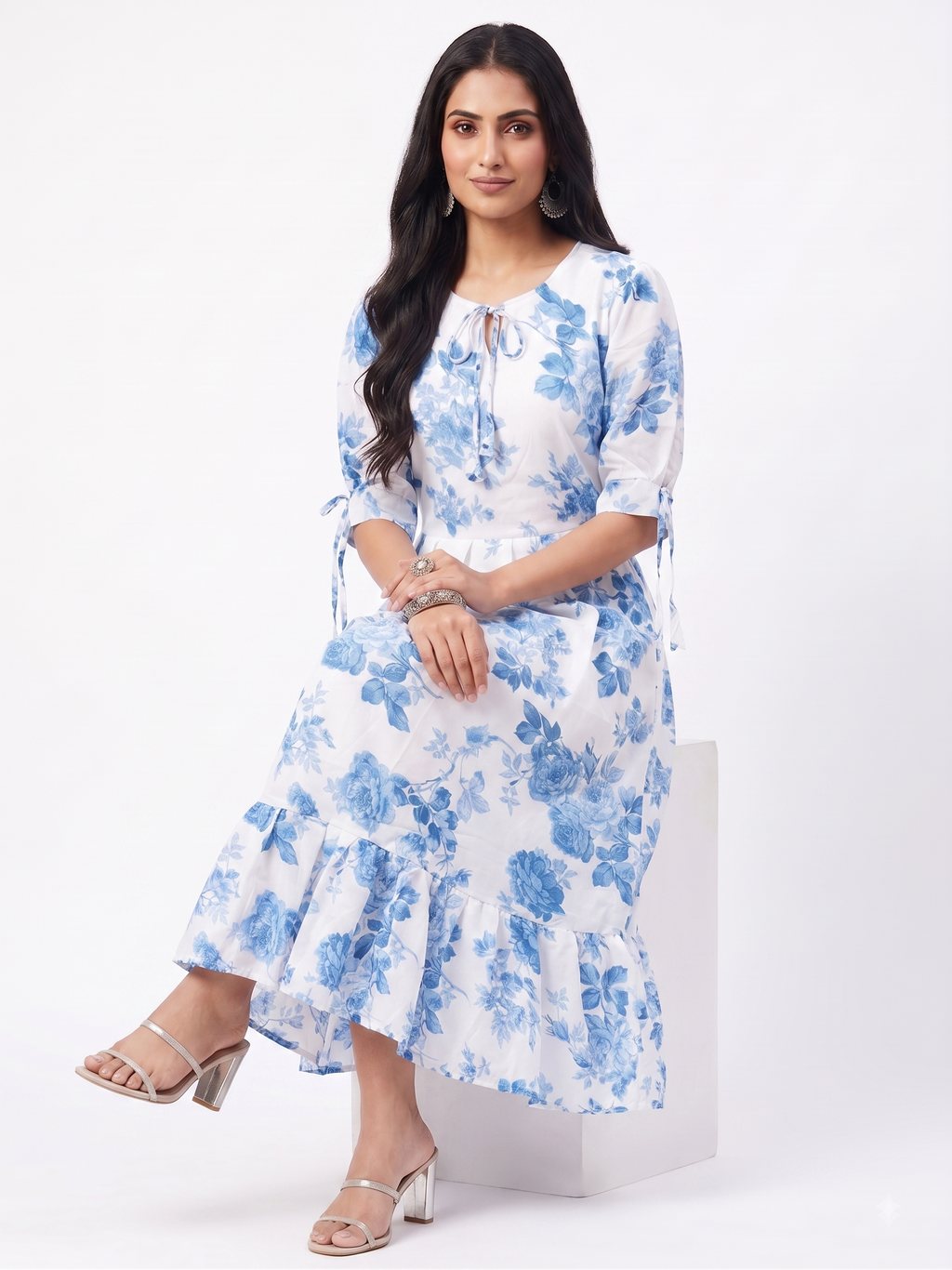AJVIE Women's Floral Print Midi Dress | Tie-Up Neck & Ruffle Hem A-Line One Piece