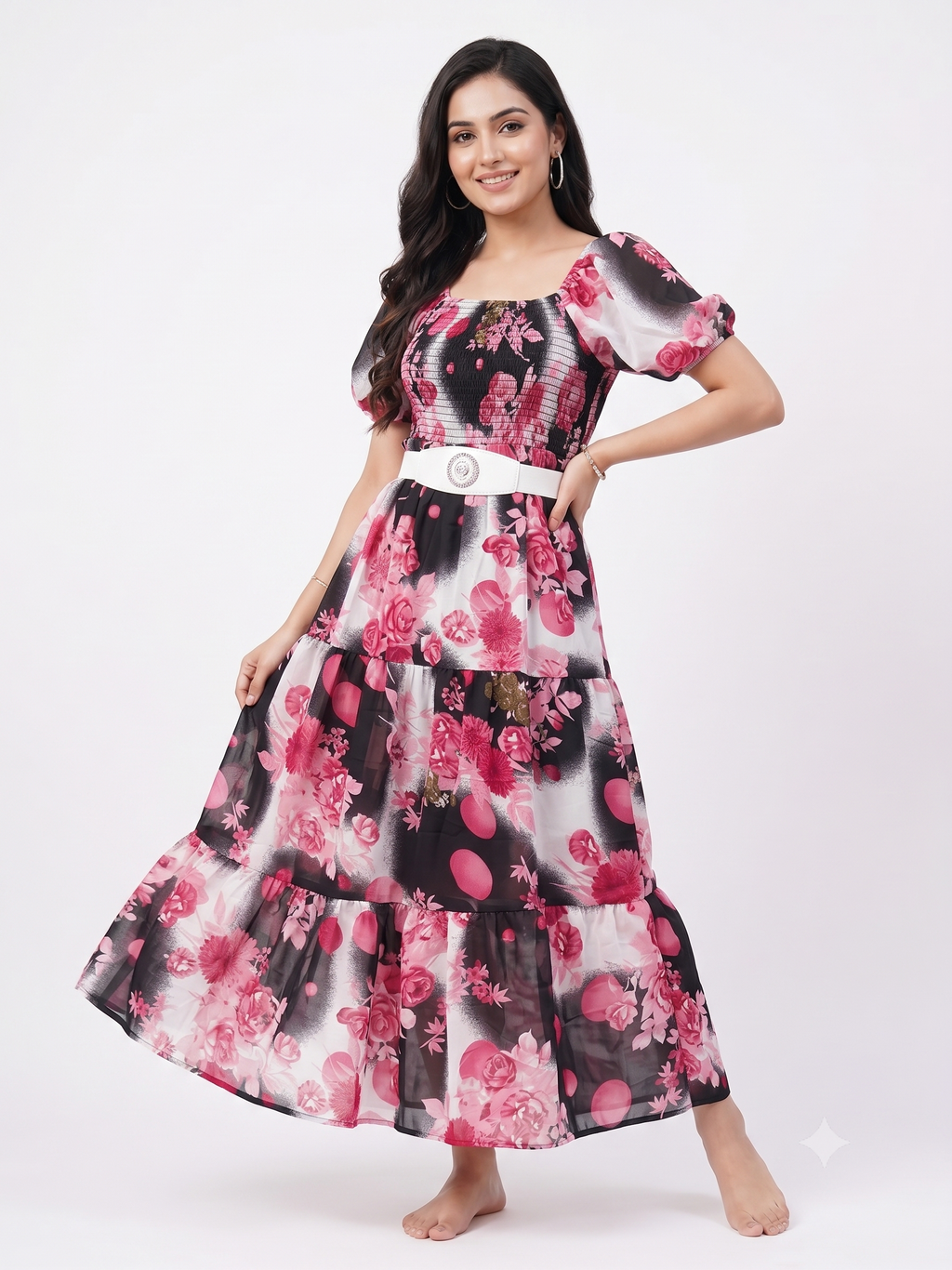 AJVIE Women Floral Print Georgette Tiered Maxi Dress with Belt & Smocked Bodice