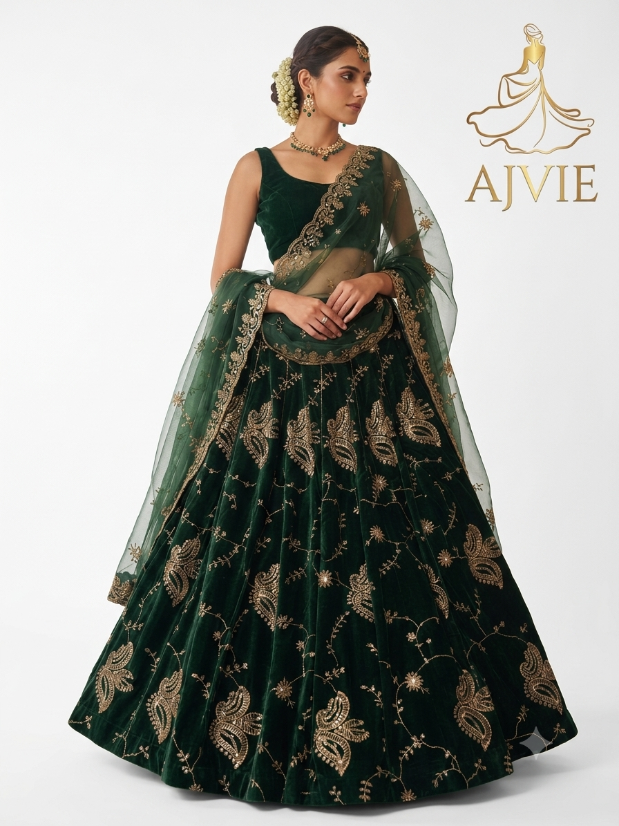 AJVIE Women's Embroidered Velvet Maxi Skirt - Floral A-Line Lehenga Skirt