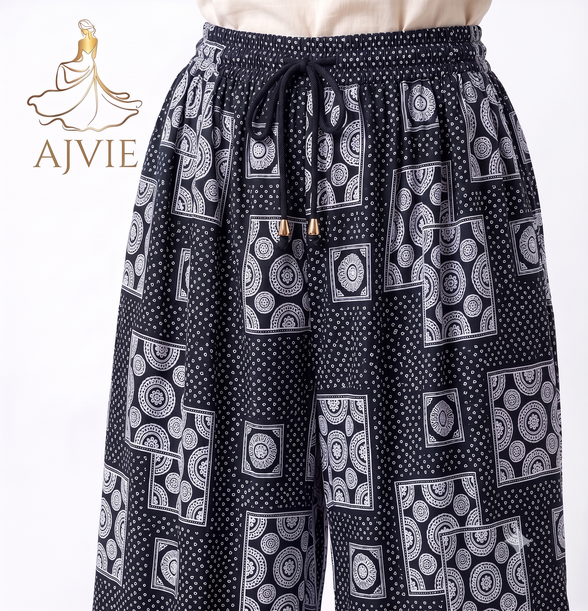 AJVIE Women's Ethnic Print Wide Leg Palazzo Pants - High Waisted & Drawstring