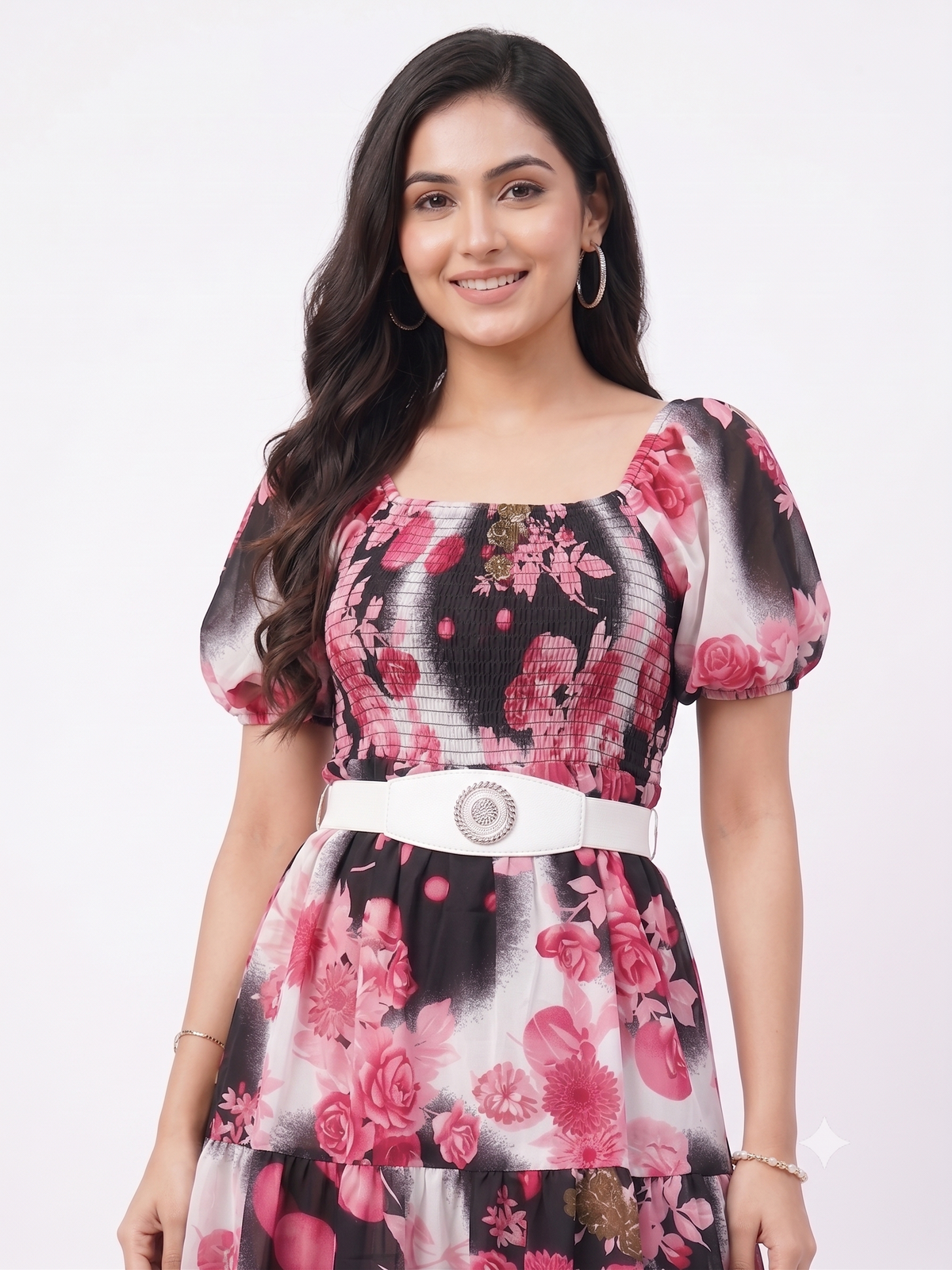 AJVIE Women Floral Print Georgette Tiered Maxi Dress with Belt & Smocked Bodice
