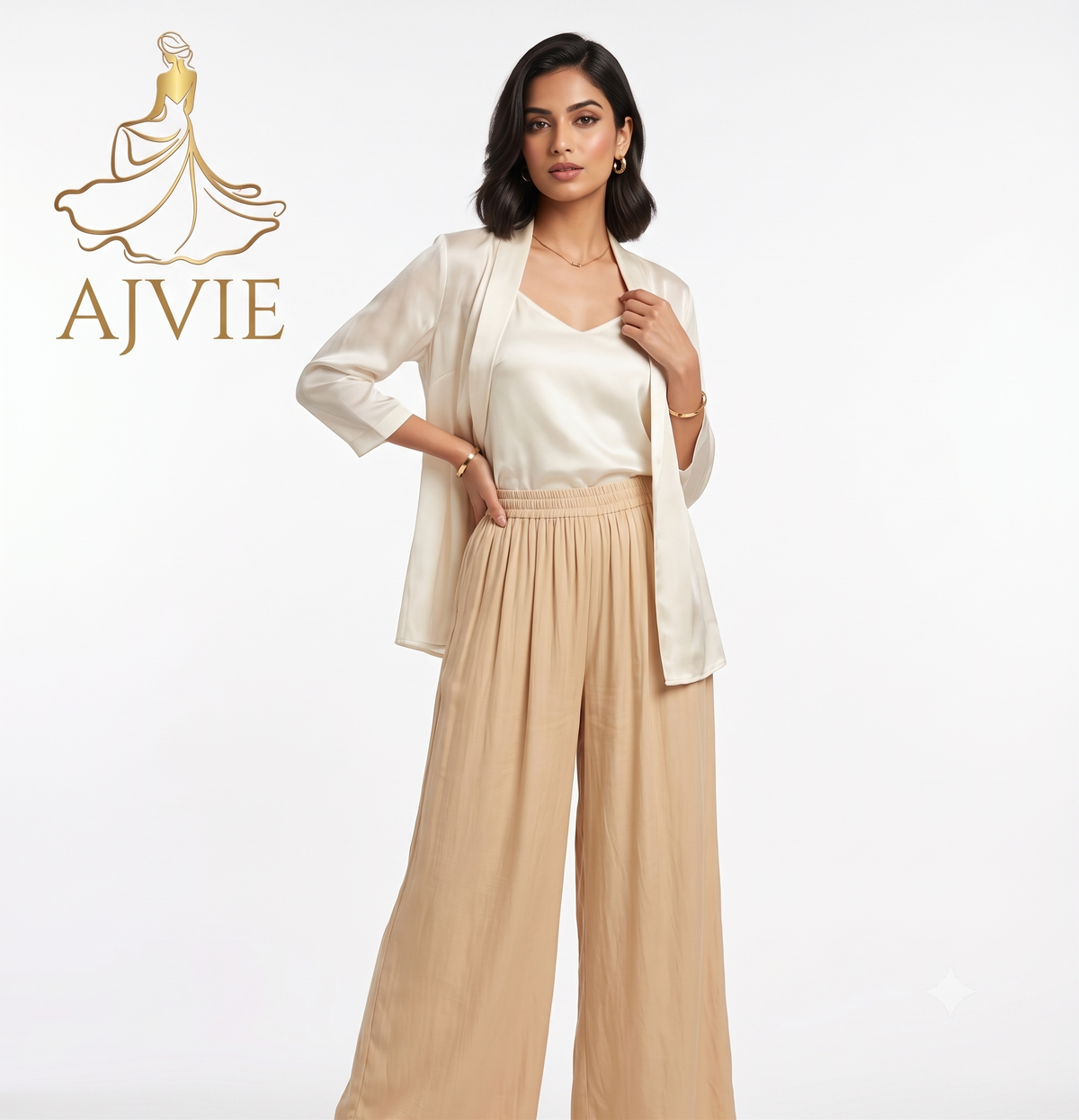 AJVIE Flowy Nude Palazzo Trousers with Comfortable Smocked Waist
