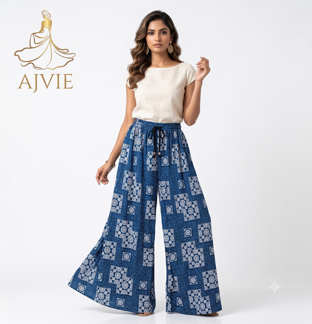 AJVIE Women's Ethnic Print Wide Leg Palazzo Pants - High Waisted & Drawstring