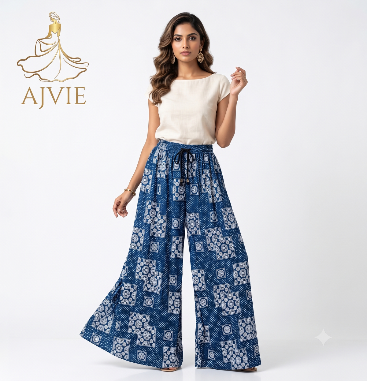 AJVIE Women's Ethnic Print Wide Leg Palazzo Pants - High Waisted & Drawstring