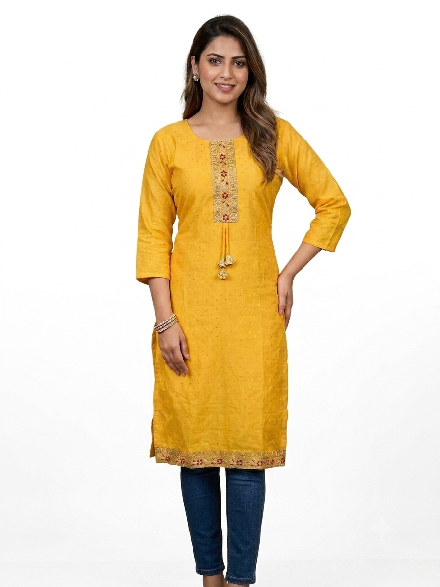 AJVIE Women Mustard Yellow Embroidered Straight Kurti with Tassels & Border Detailing