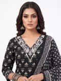 AJVIE Women Black & White Printed Cotton Straight Kurta with Churidar & Matching Dupatta Set