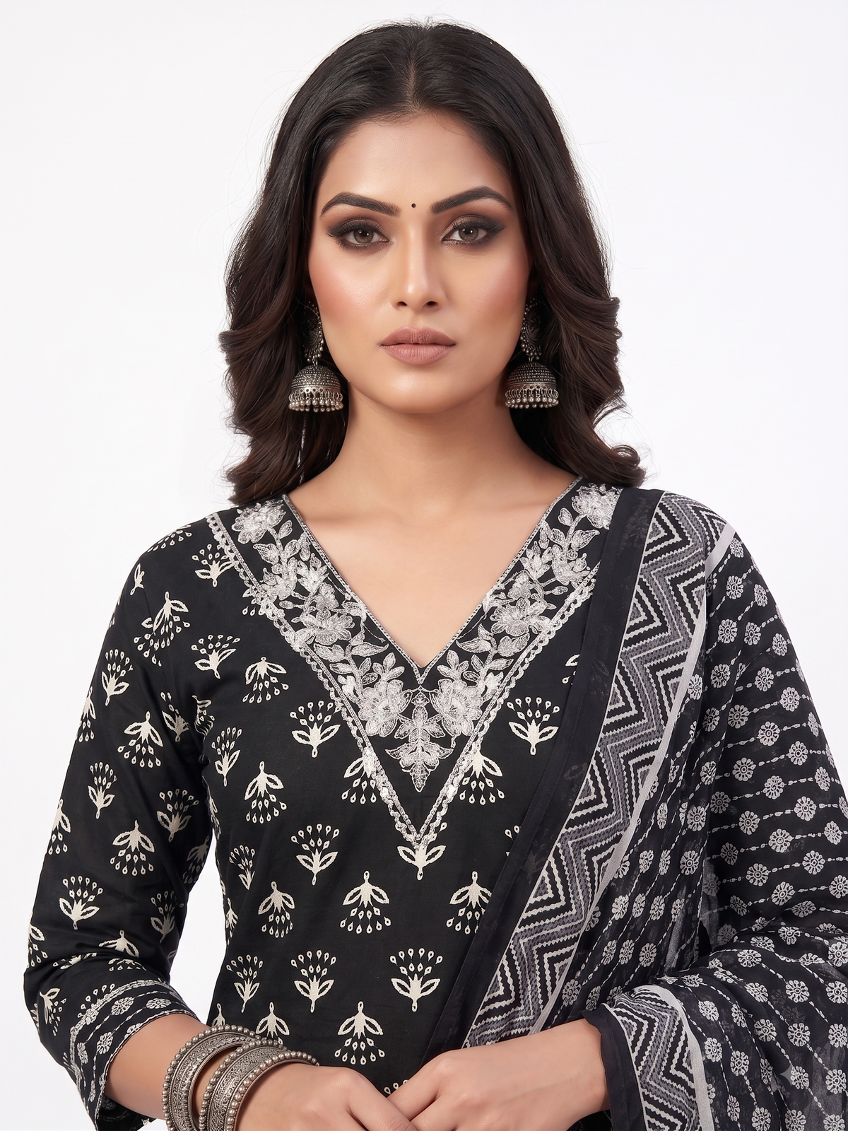 AJVIE Women Black & White Printed Cotton Straight Kurta with Churidar & Matching Dupatta Set