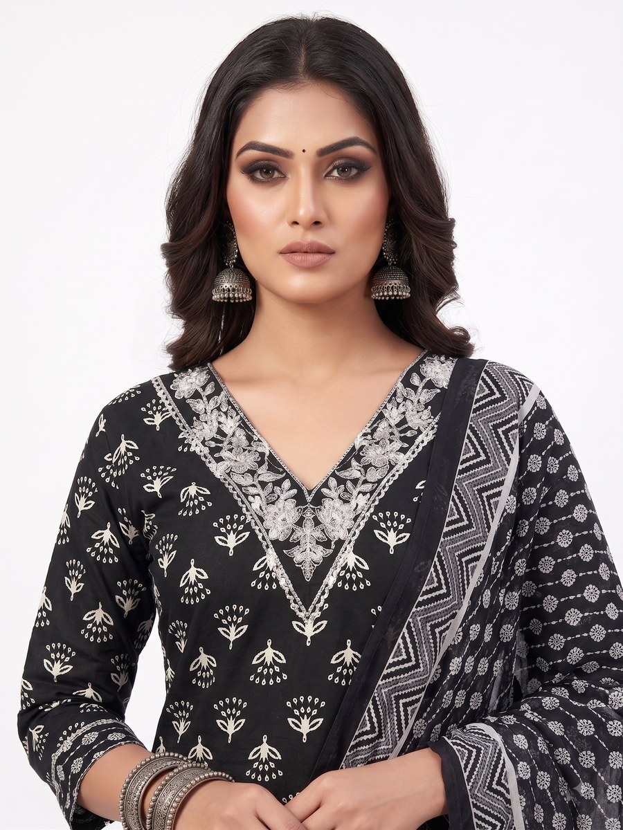 AJVIE Women Black & White Printed Cotton Straight Kurta with Churidar & Matching Dupatta Set