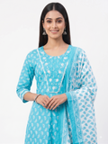 AJVIE Women’s Sky Blue Printed 3-Piece Kurta Set with Pant & Dupatta | Ethnic Cotton-Style Suit Set for Women