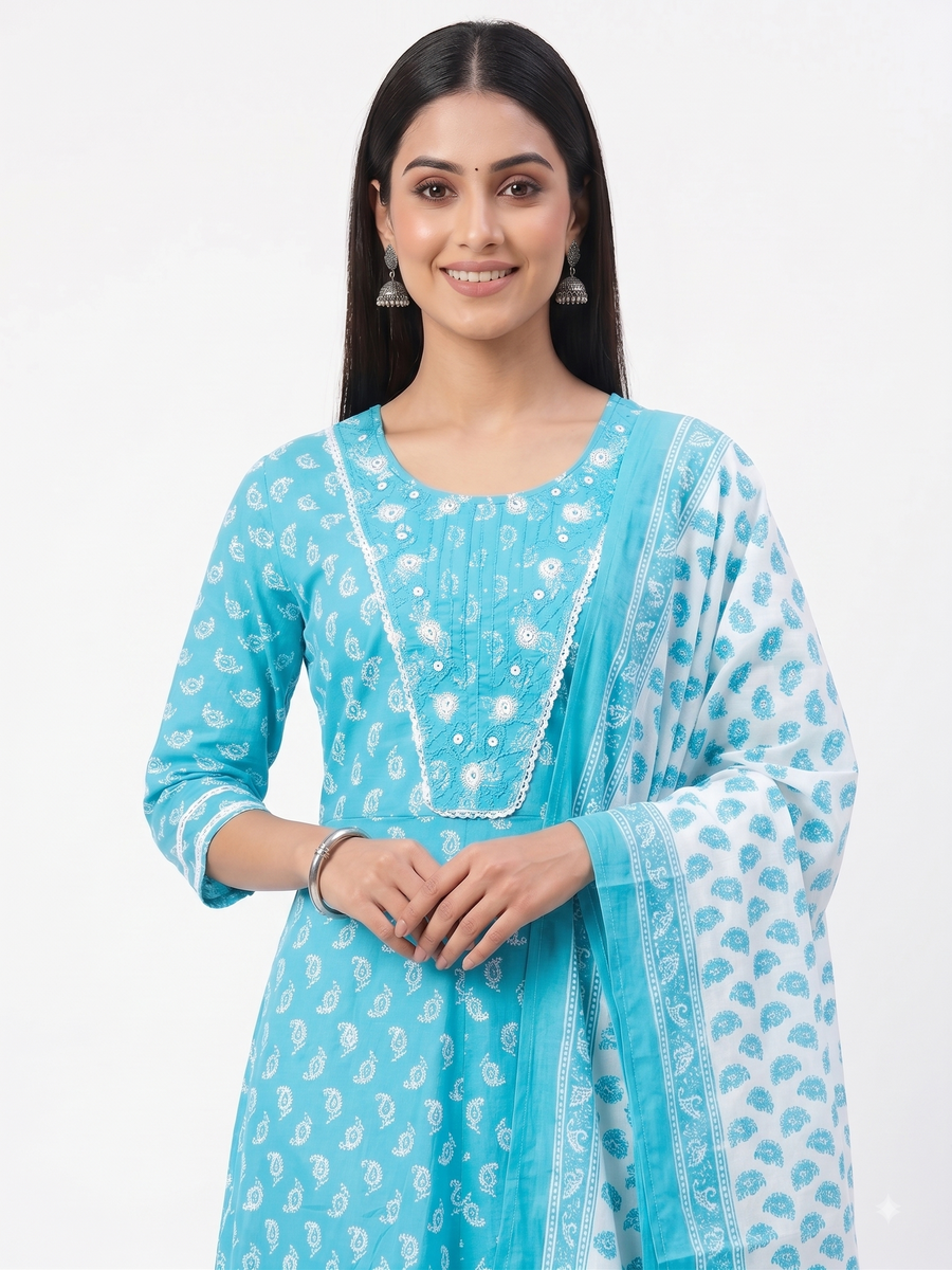 AJVIE Women’s Sky Blue Printed 3-Piece Kurta Set with Pant & Dupatta | Ethnic Cotton-Style Suit Set for Women