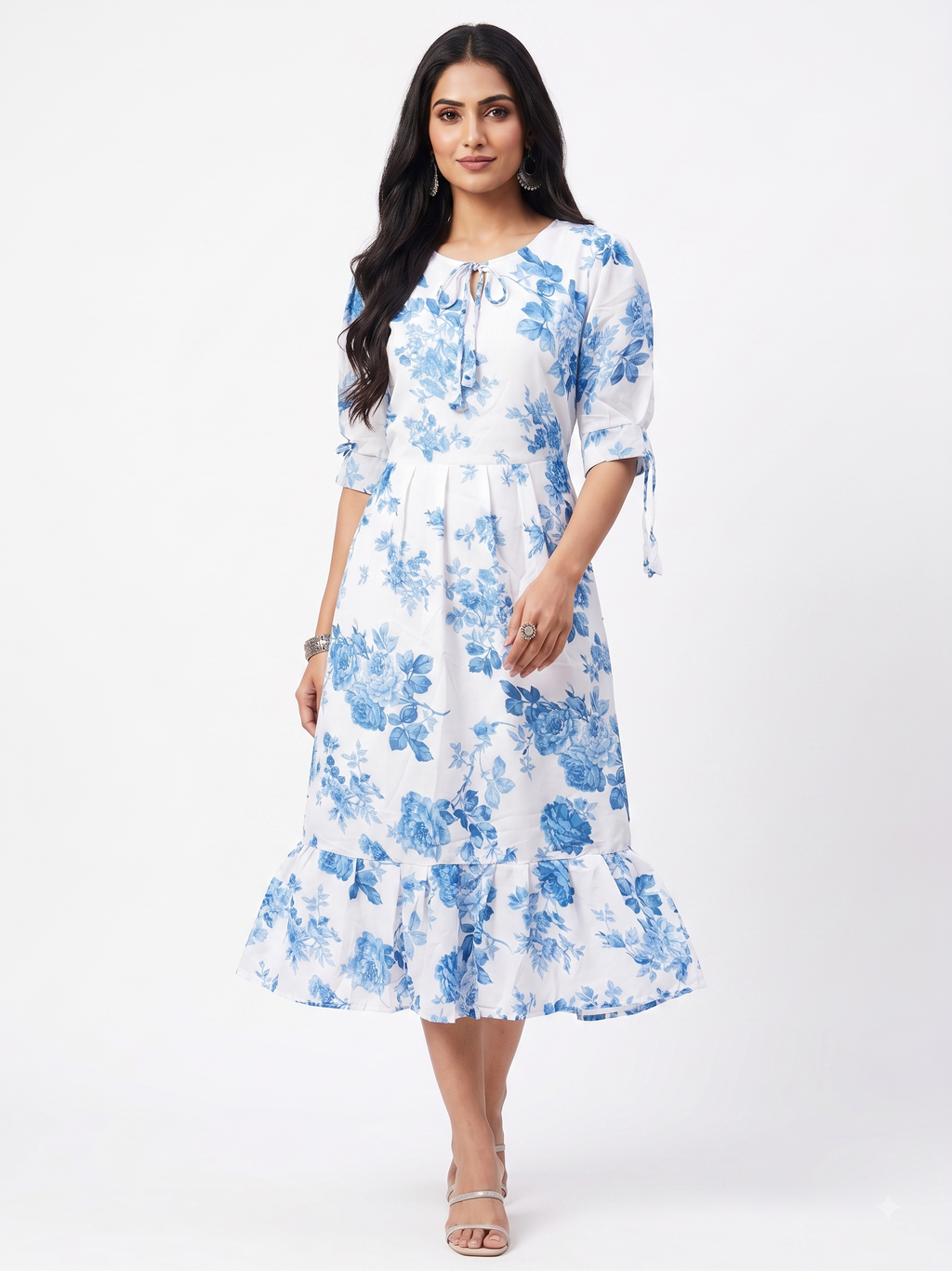 AJVIE Women's Floral Print Midi Dress | Tie-Up Neck & Ruffle Hem A-Line One Piece