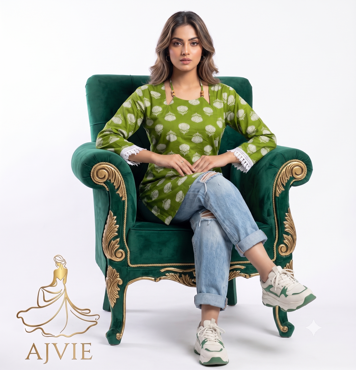 AJVIE Women Floral Print Cotton Short Kurti with Lace Trims & Halter Strap Neckline