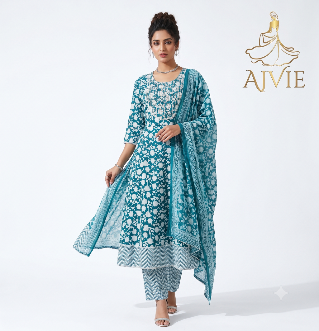 AJVIE Women's Teal Blue Floral Printed A-Line Kurta Set with Chevron Pants and Dupatta