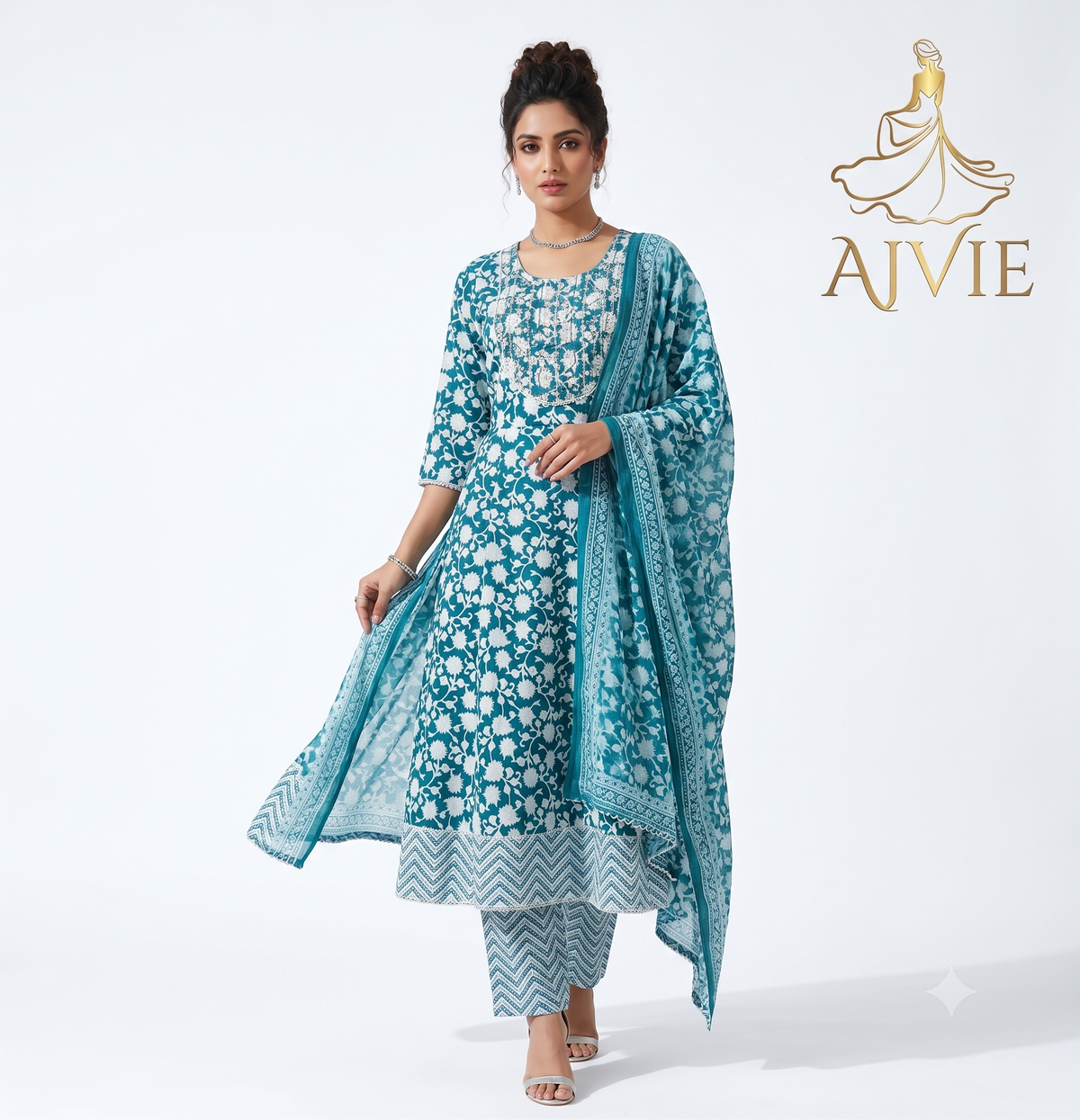 AJVIE Women's Teal Blue Floral Printed A-Line Kurta Set with Chevron Pants and Dupatta