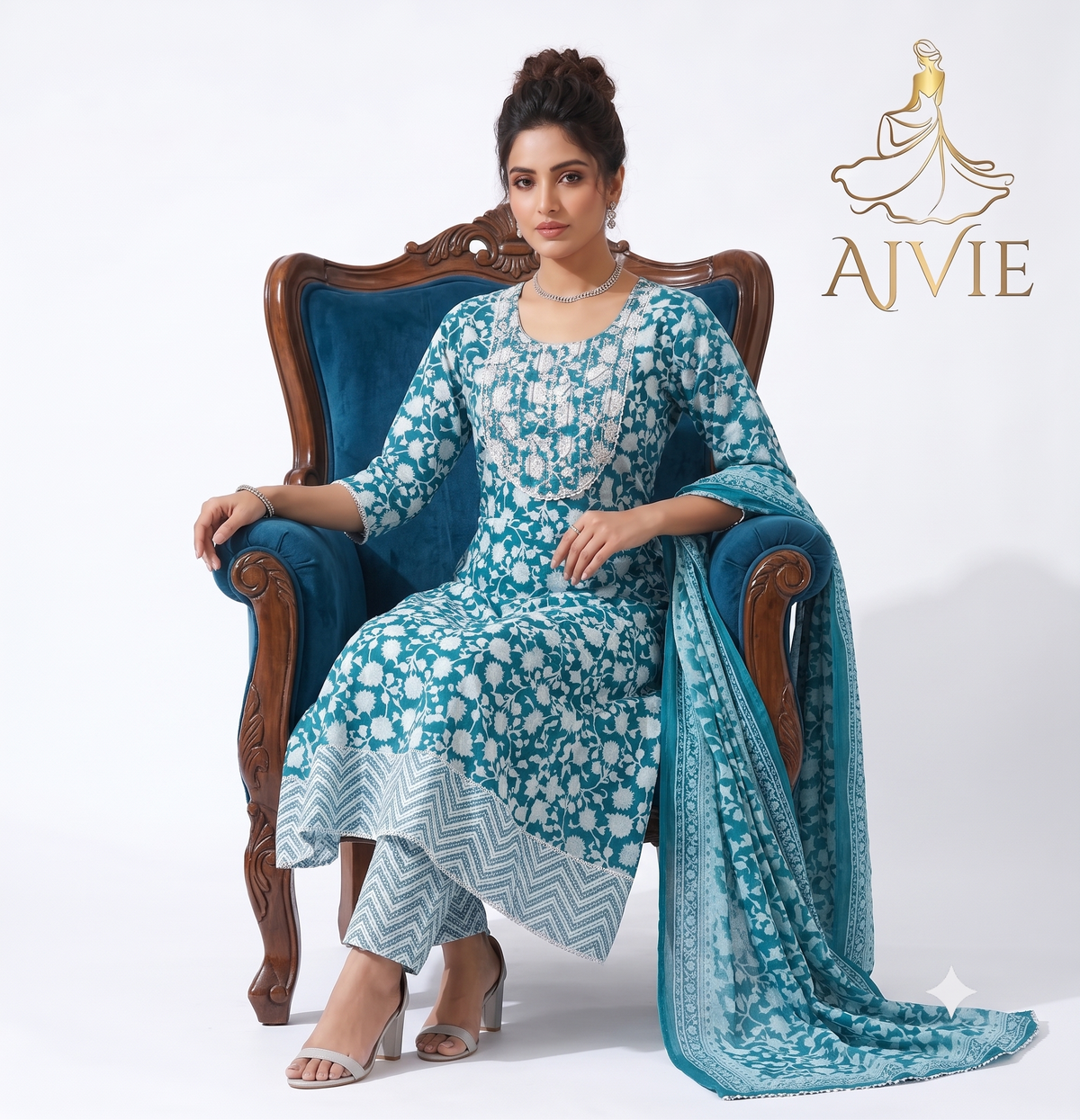 AJVIE Women's Teal Blue Floral Printed A-Line Kurta Set with Chevron Pants and Dupatta