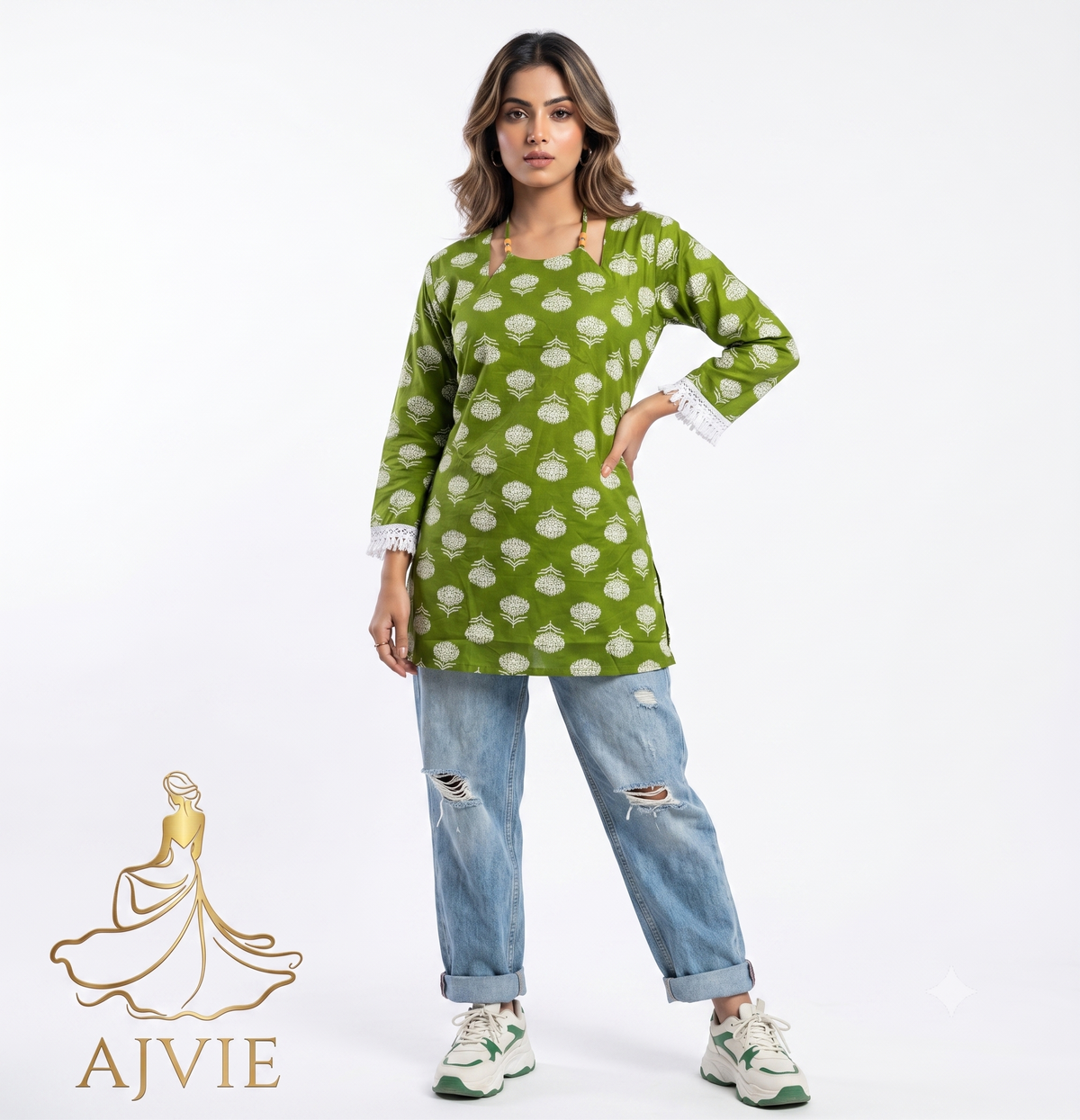 AJVIE Women Floral Print Cotton Short Kurti with Lace Trims & Halter Strap Neckline