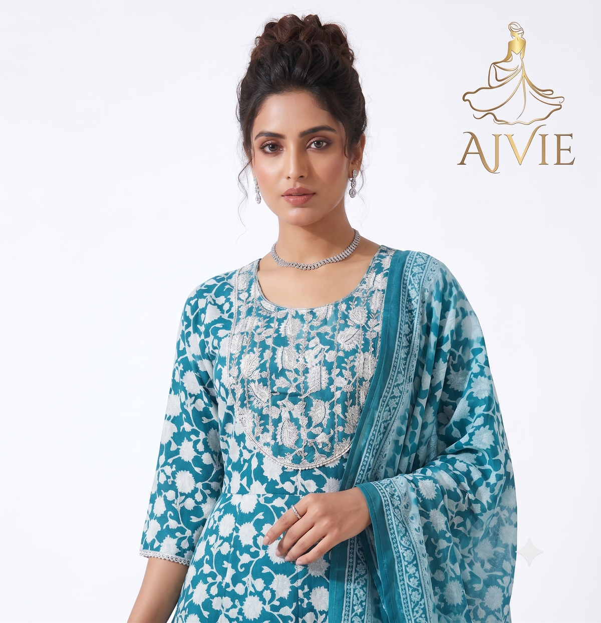 AJVIE Women's Teal Blue Floral Printed A-Line Kurta Set with Chevron Pants and Dupatta