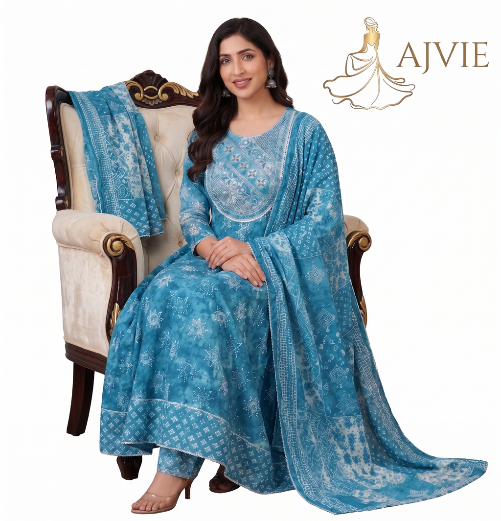 AJVIE Women's Teal Blue Printed Flared Anarkali Kurta Set with Matching Pants and Dupatta