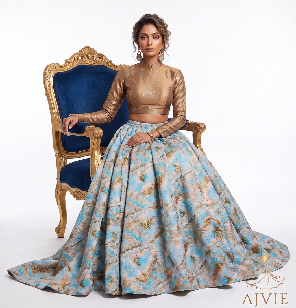 AJVIE Celestial Azure & Gold Marbled Flared Skirt