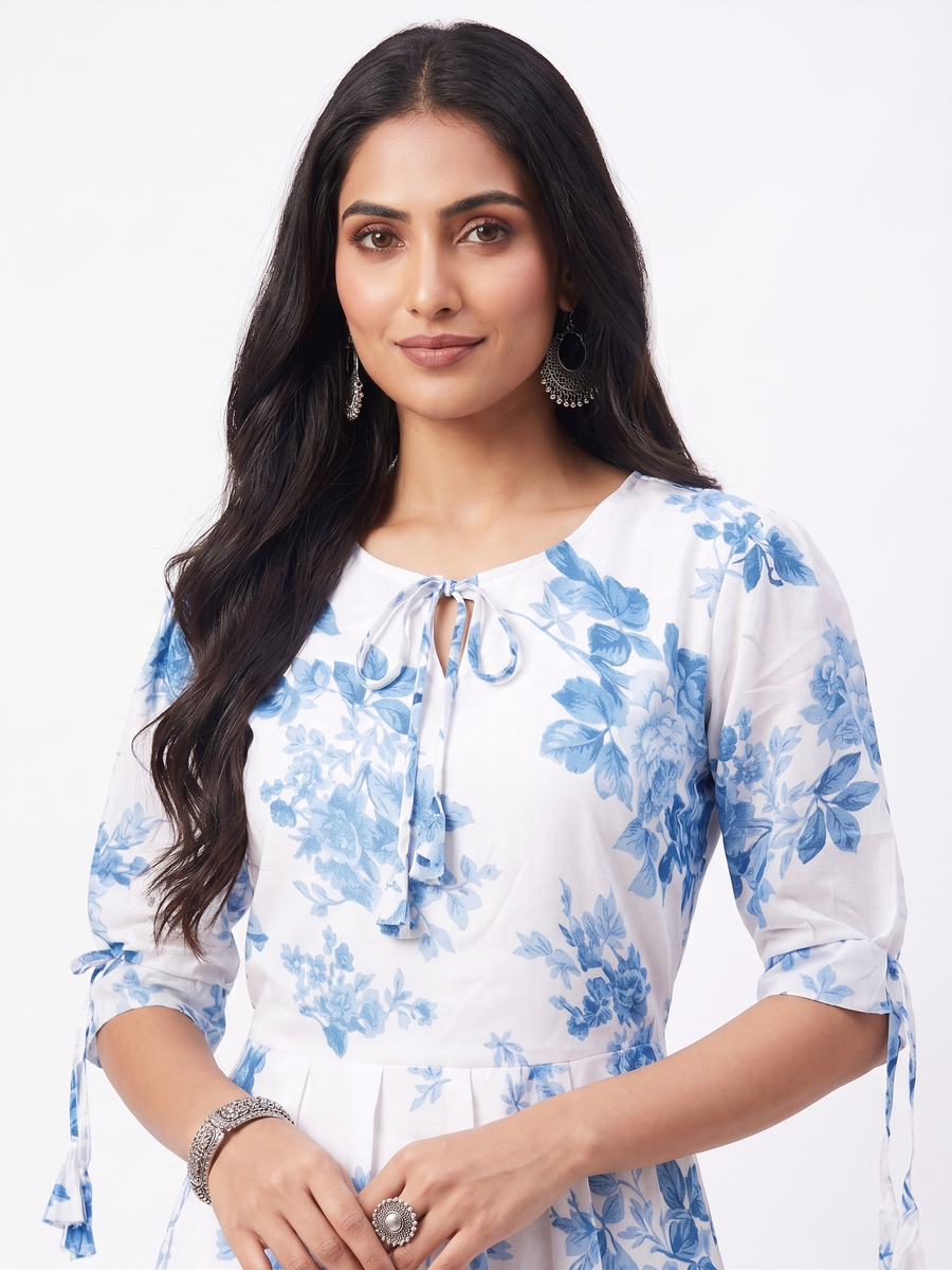 AJVIE Women's Floral Print Midi Dress | Tie-Up Neck & Ruffle Hem A-Line One Piece