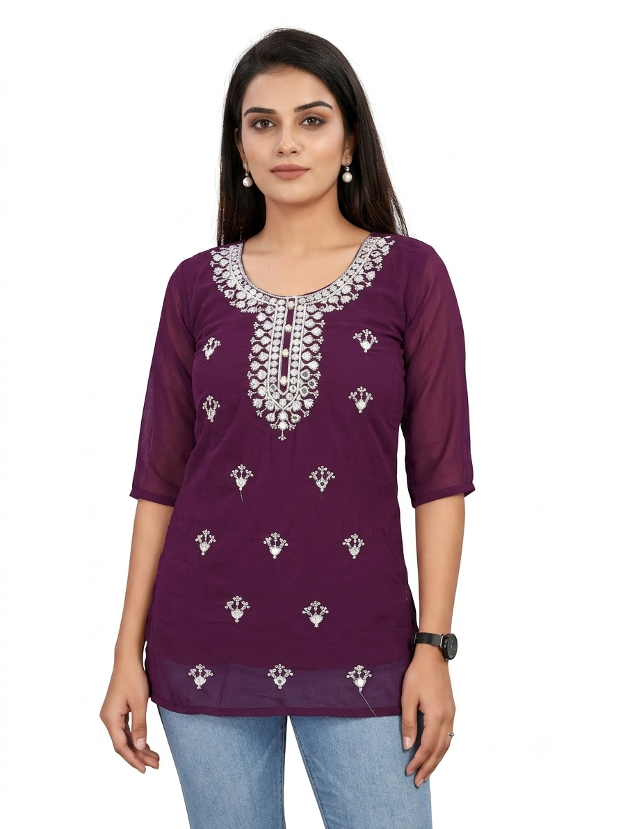 AJVIE Short Chickankari Embroidered Kurti – Elegant Designer Rayon-Style Kurti for Women