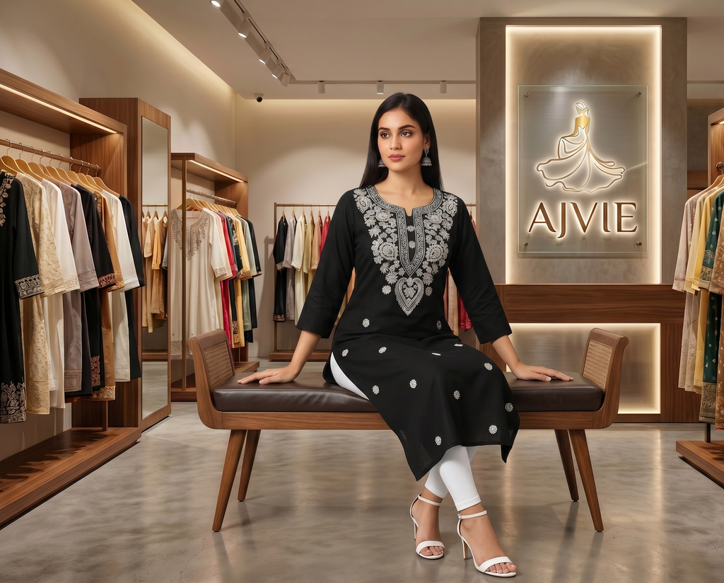 AJVIE Women's Black & Silver Lakhnavi Embroidered Straight Kurti - Georgette, 3/4 Sleeves