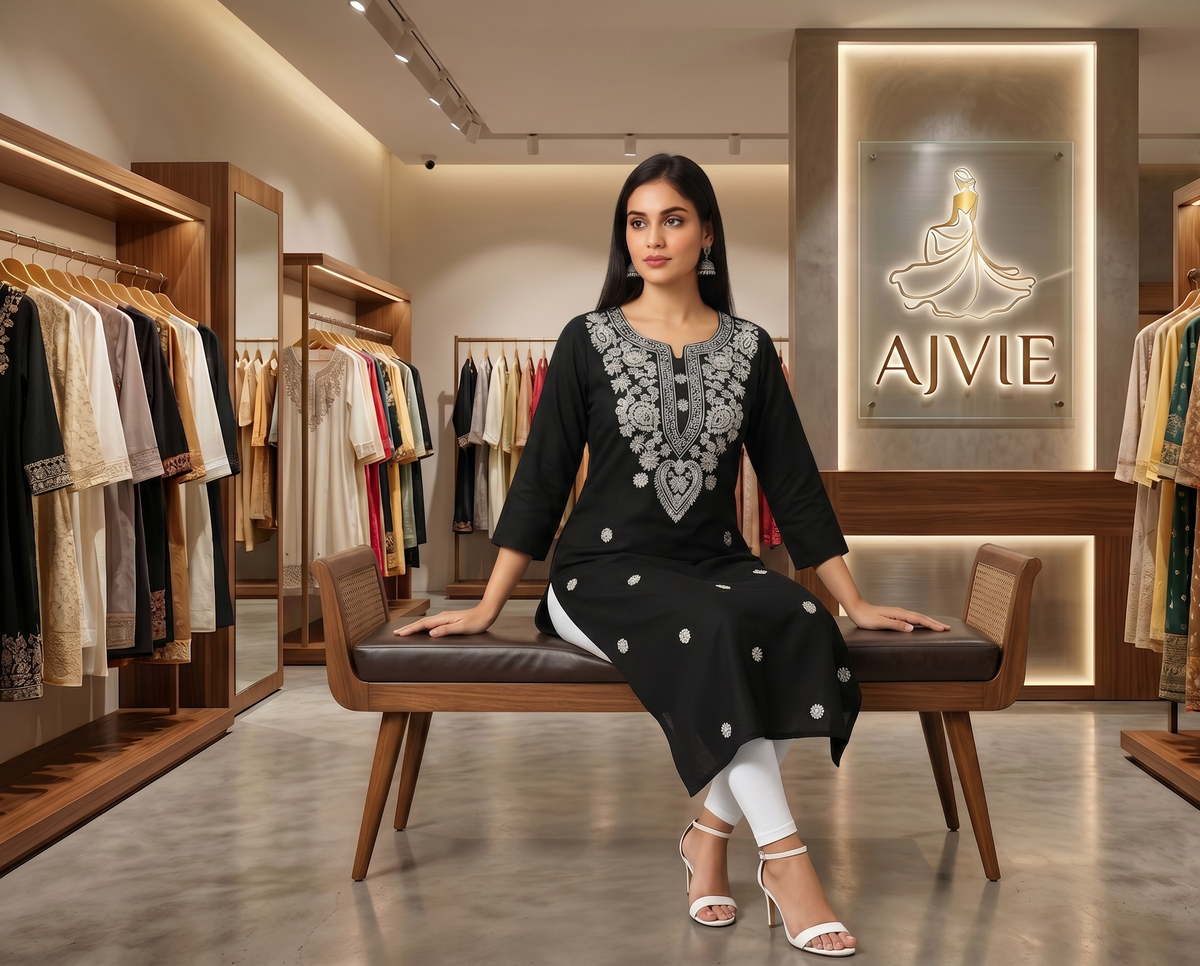 AJVIE Women's Black & Silver Lakhnavi Embroidered Straight Kurti - Georgette, 3/4 Sleeves