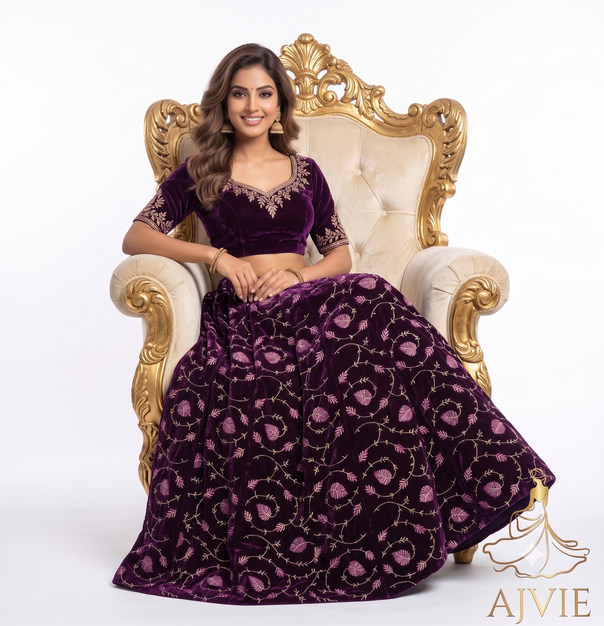 AJVIE Women's Embroidered Velvet Maxi Skirt - Floral A-Line Lehenga Skirt