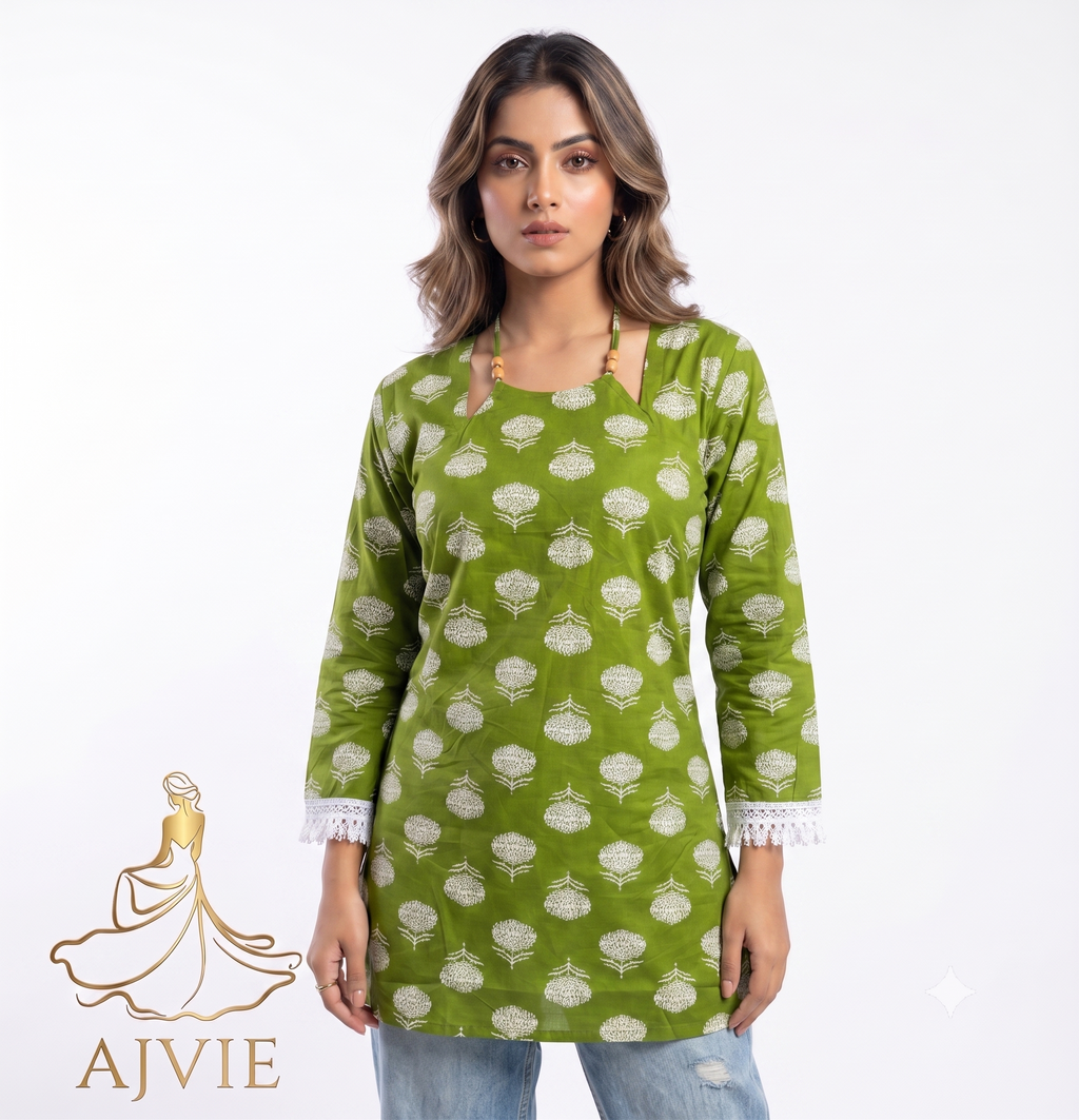 AJVIE Women Floral Print Cotton Short Kurti with Lace Trims & Halter Strap Neckline