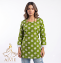 AJVIE Women Floral Print Cotton Short Kurti with Lace Trims & Halter Strap Neckline